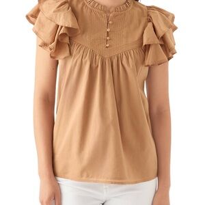 crown & ivy Camel Ruffle Sleeve Pintuck Blouse NWOT